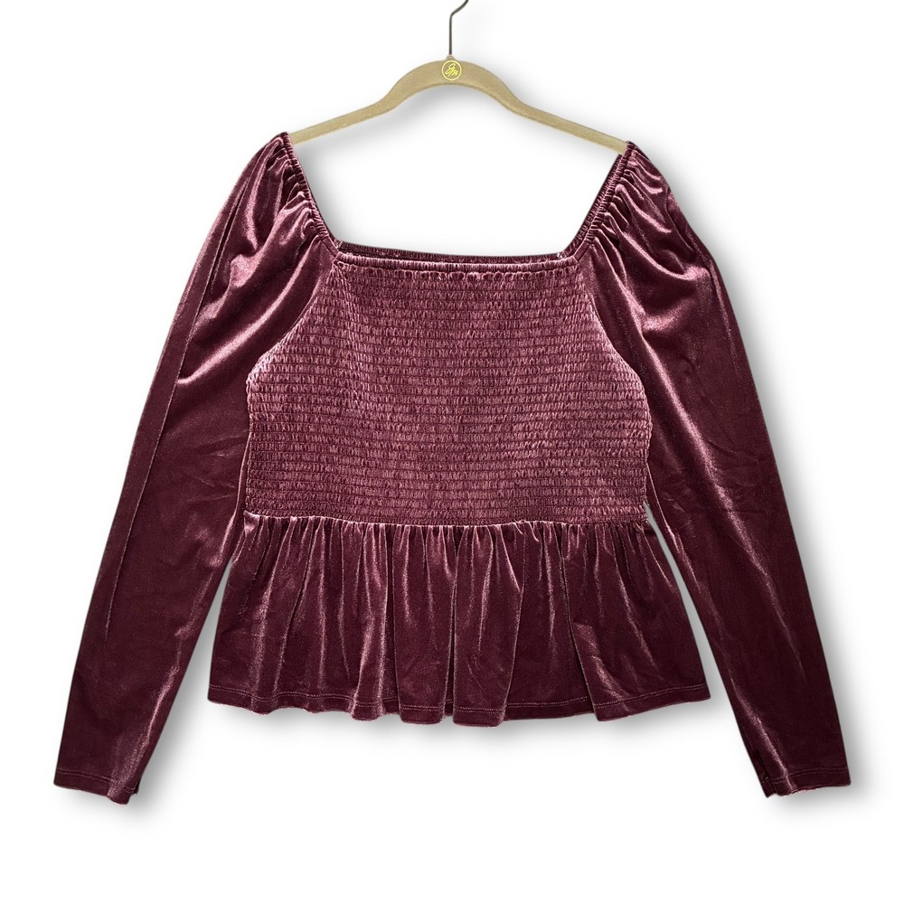 EUC GAP‎ Velvet Smocked Peplum Long Sleeve Blouse Top Burgundy Women's L